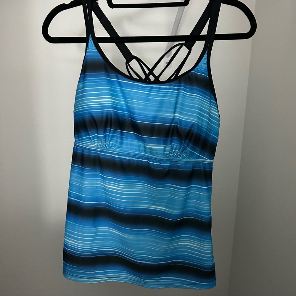 Blue Striped Swim Top with Adjustable Straps in Back